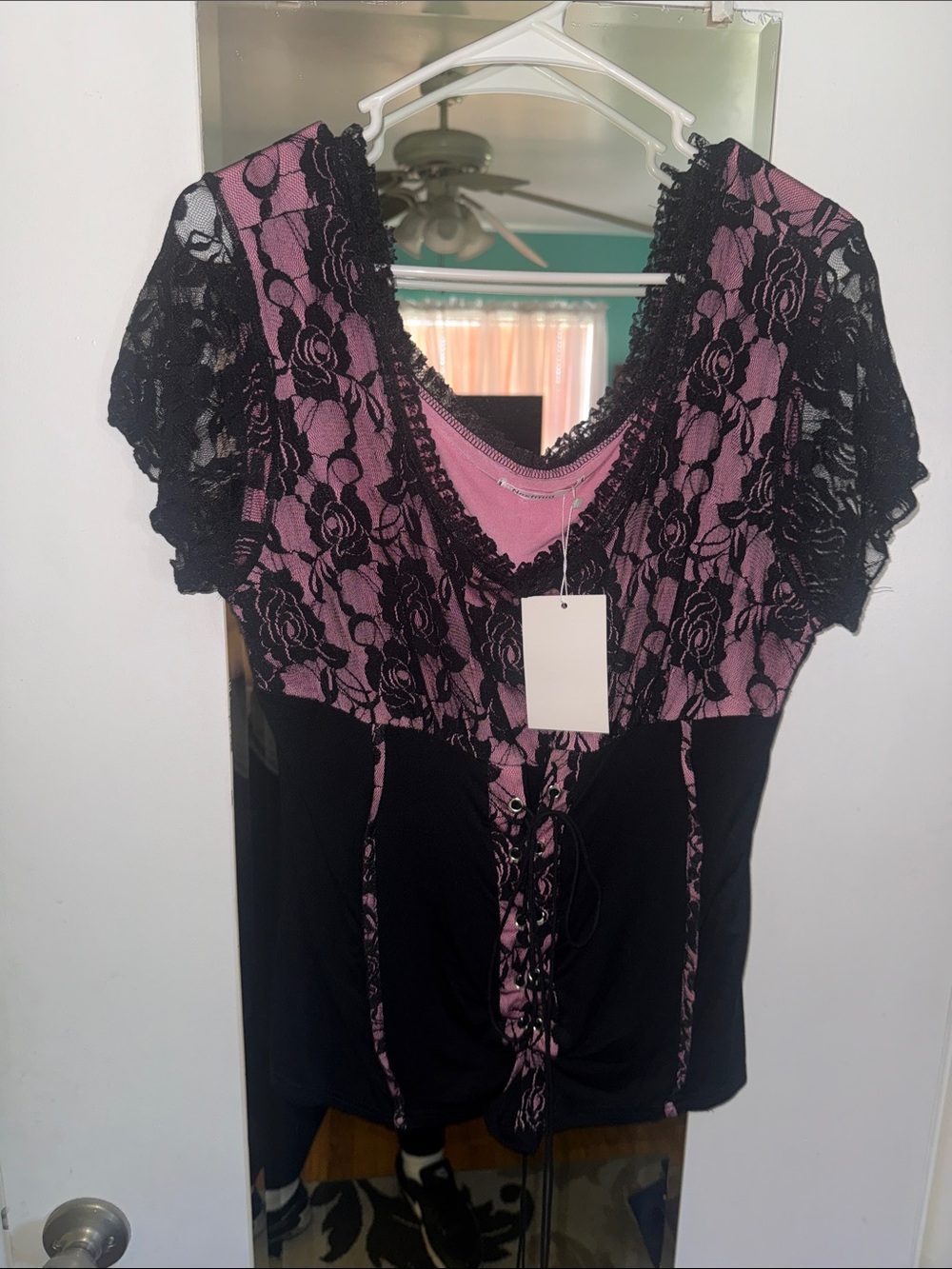next Black Lace Overlay with Pink Lining Top